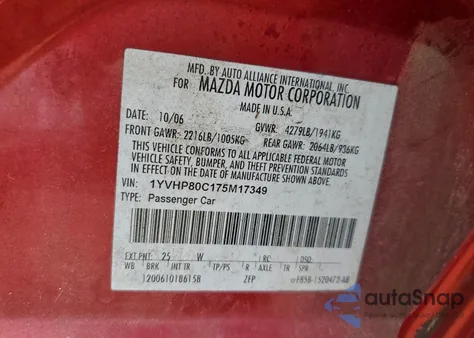 2007 Mazda 6 I z USA, uszkodzony, nr VIN 1YVHP80C175M17349